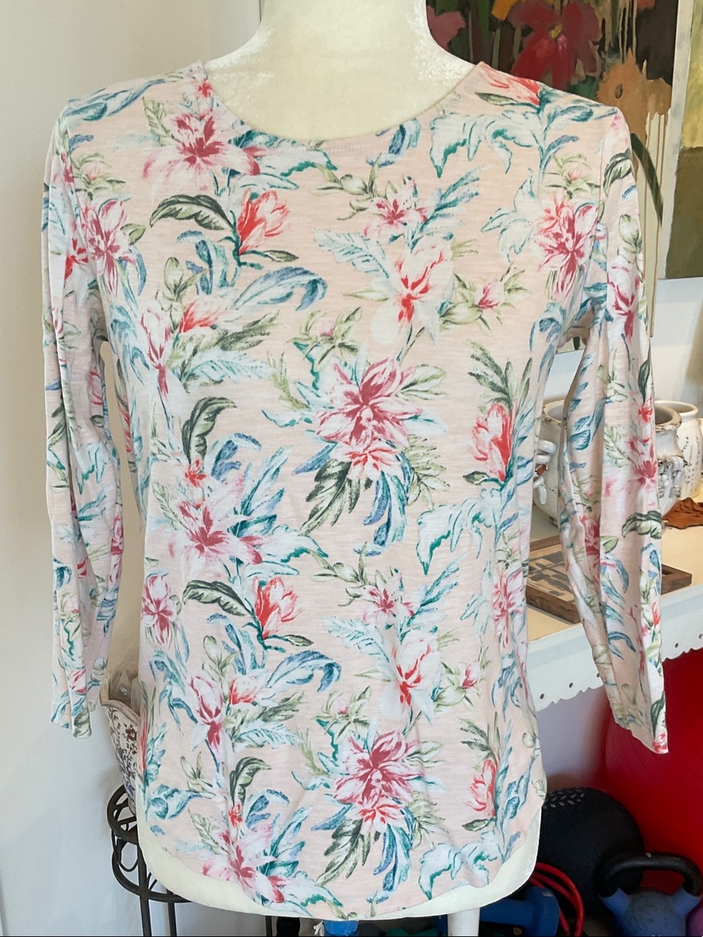 Tommy Bahama Ashby Isles Pink Floral 3/4 Sleeve Crewneck Top